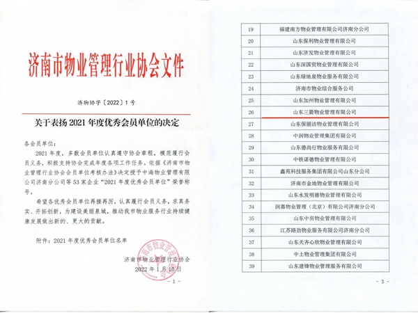 雙倍榮譽(yù)！山東三箭物業(yè)管理有限公司榮獲物業(yè)協(xié)會(huì) “年度優(yōu)秀會(huì)員單位”
